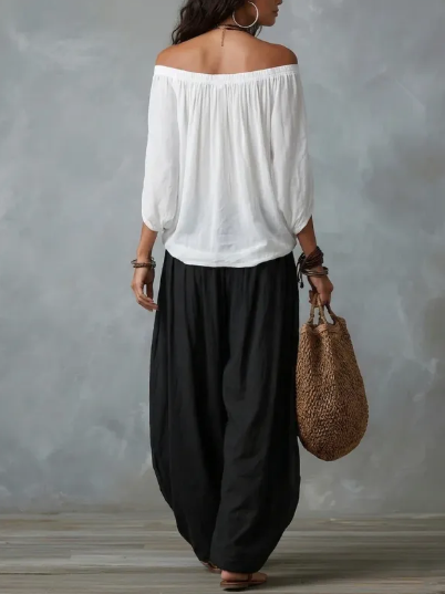 Conjunto de Blusa Holgada con Hombros Caídos y Pantalones Anchos de Pierna