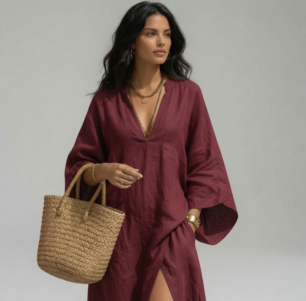 Vestido Kaftán Maxi Oversize de Lino con Rajita Lateral