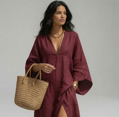 Vestido Kaftán Maxi Oversize de Lino con Rajita Lateral
