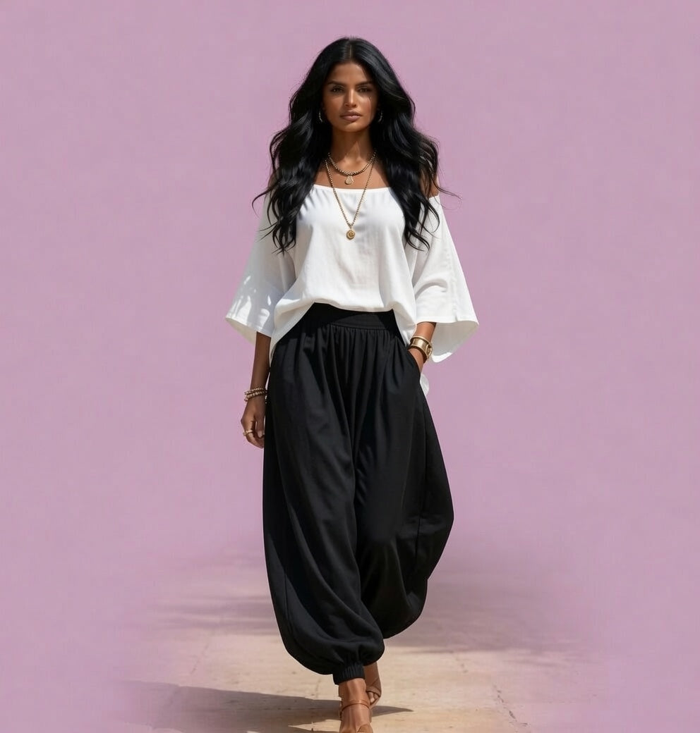 Conjunto de Blusa Holgada con Hombros Caídos y Pantalones Anchos de Pierna