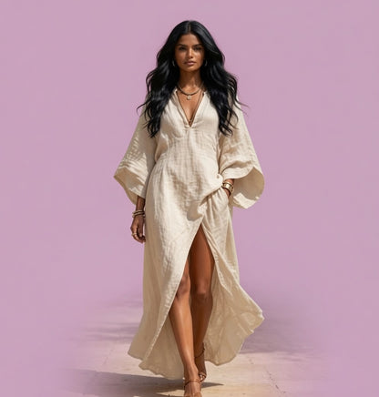 Vestido Kaftán Maxi Oversize de Lino con Rajita Lateral