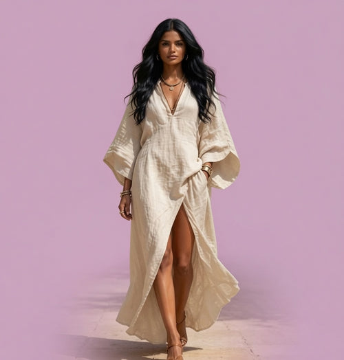 Vestido Kaftán Maxi Oversize de Lino con Rajita Lateral