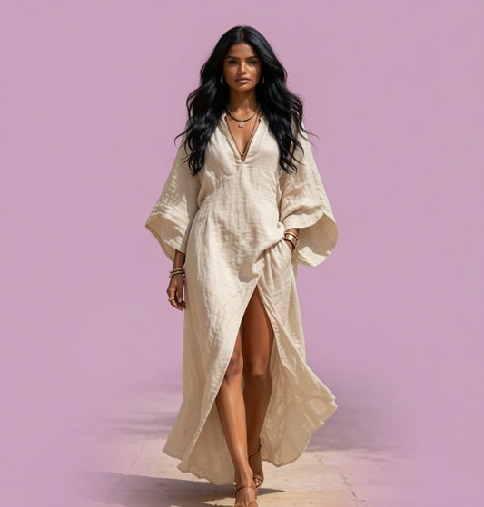 Vestido Kaftán Maxi Oversize de Lino con Rajita Lateral