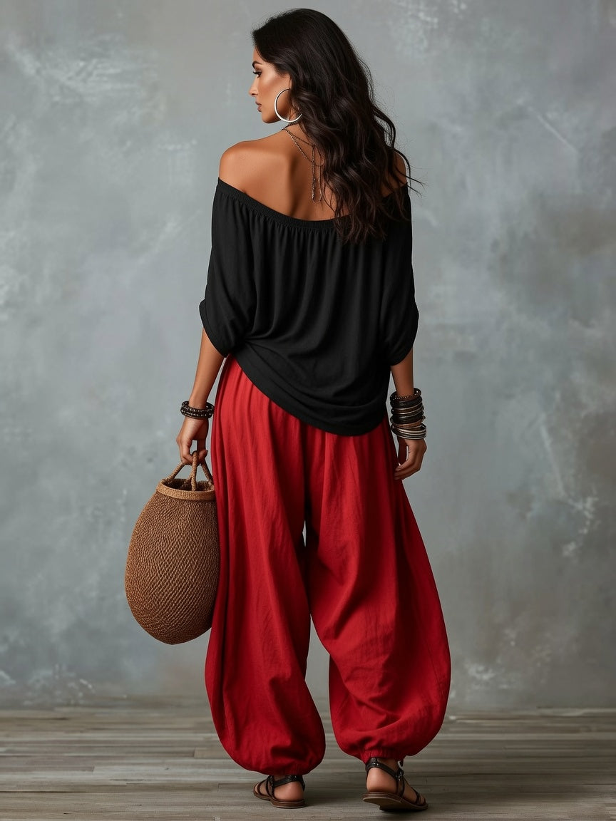 Conjunto de Blusa Holgada con Hombros Caídos y Pantalones Anchos de Pierna