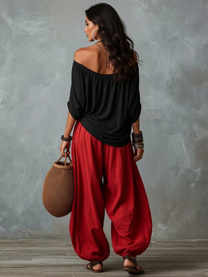 Conjunto de Blusa Holgada con Hombros Caídos y Pantalones Anchos de Pierna