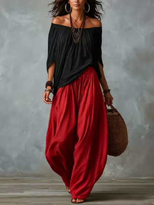 Conjunto de Blusa Holgada con Hombros Caídos y Pantalones Anchos de Pierna