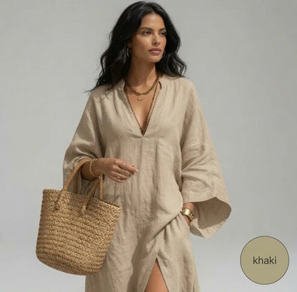 Vestido Kaftán Maxi Oversize de Lino con Rajita Lateral