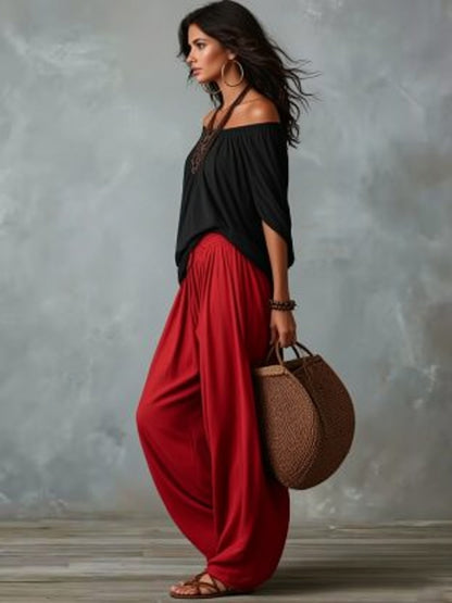 Conjunto de Blusa Holgada con Hombros Caídos y Pantalones Anchos de Pierna